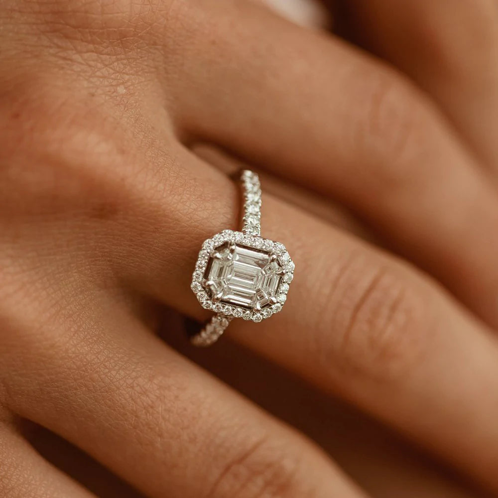 Solid Gold Emerald Cut Illusion Halo Setting Engagement Ring