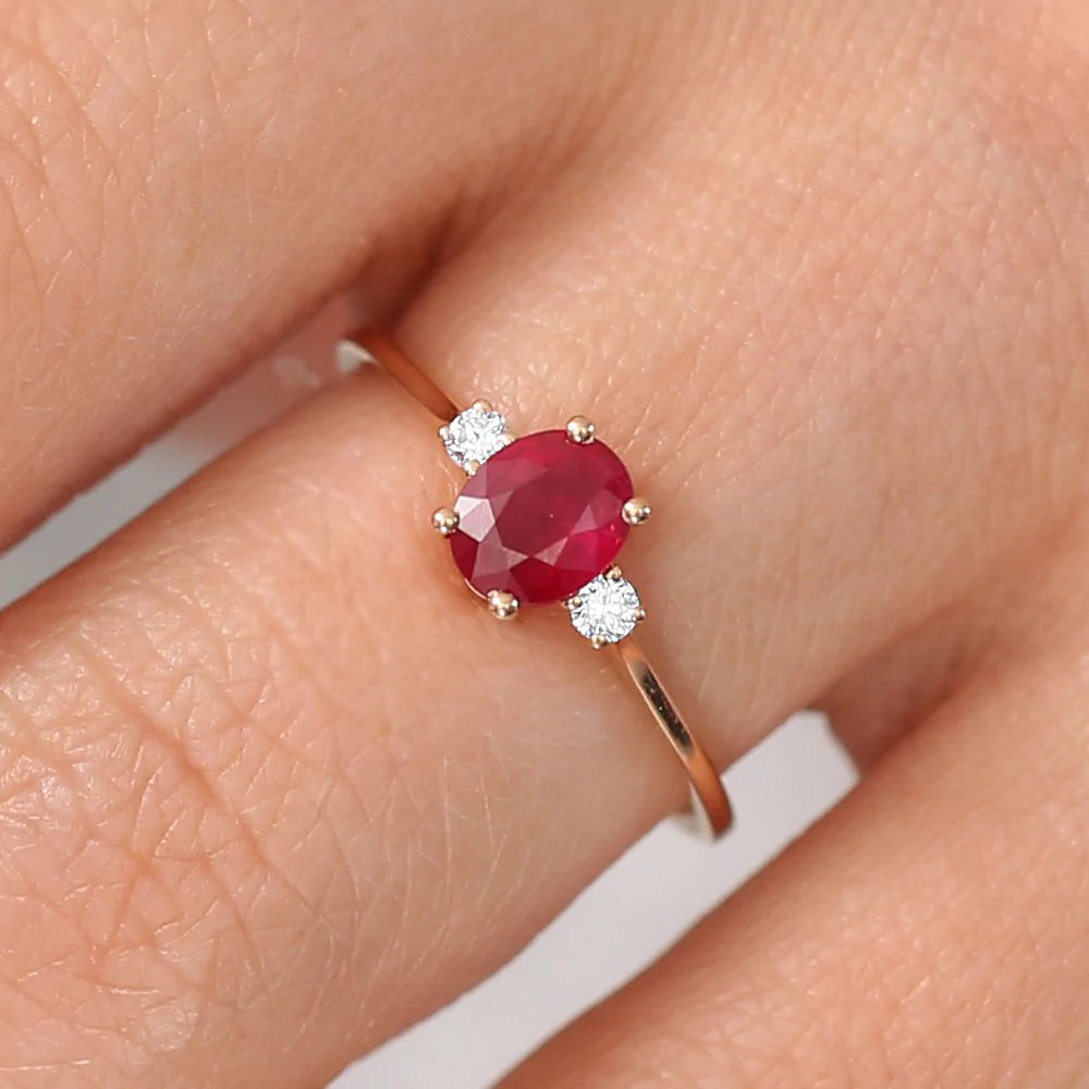 Solid Gold Oval Shape Ruby and Diamond 3 Stone Ring (12C9A5)