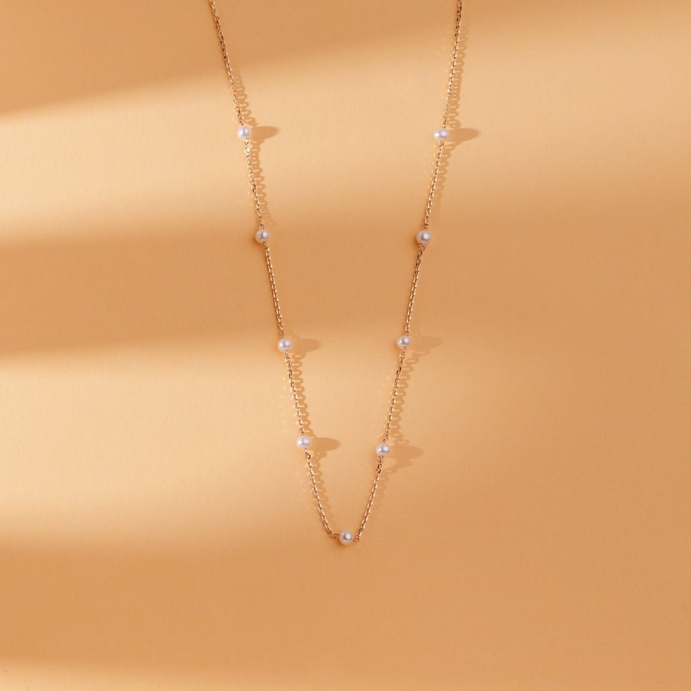 Solid Gold Pearl Station Necklace (5F159D)