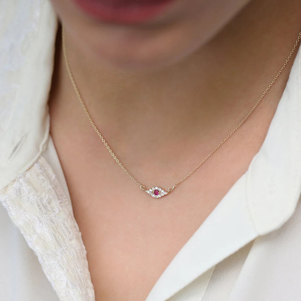 Solid Gold Diamond and Ruby Evil Eye Necklace