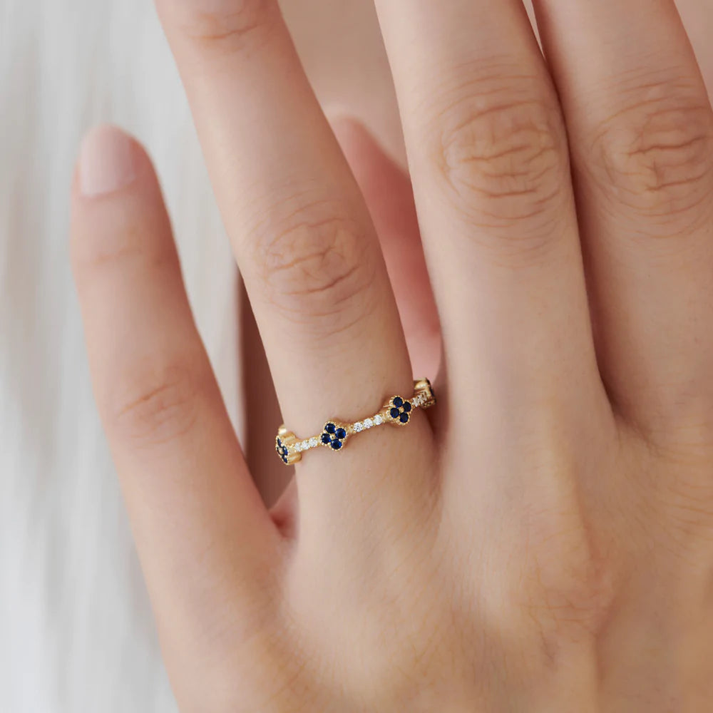 Solid Gold Full Eternity Clover Sapphire and Diamond Ring