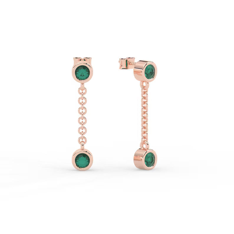 Solid Gold Dangle Drop Emerald Earrings (FB09B9)