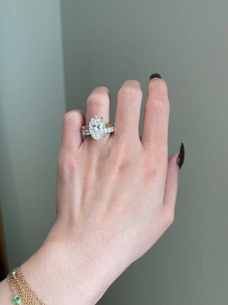 Solitaire Ring - 8.5 Carat Crushed Ice Hybrid Oval Cut Moissanite 4-Prong Hidden