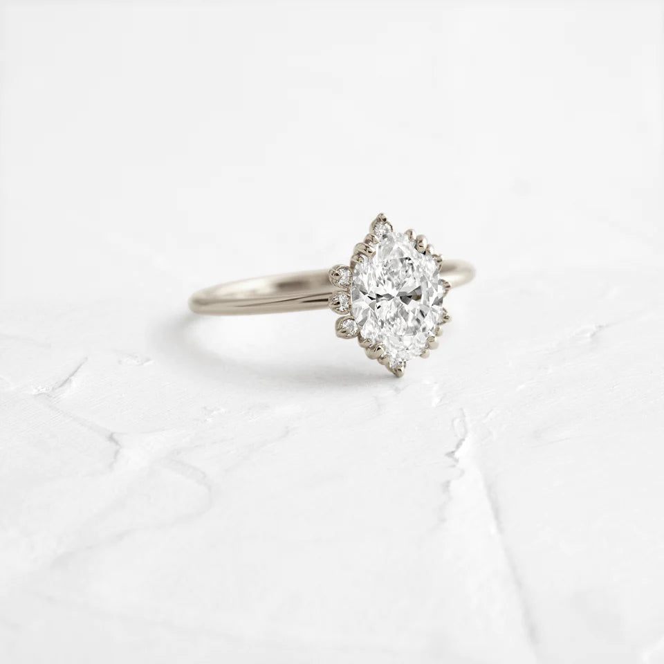 Solid Gold Threaded Ring with Halo, 1ct. Oval Cut Moissanite Diamond