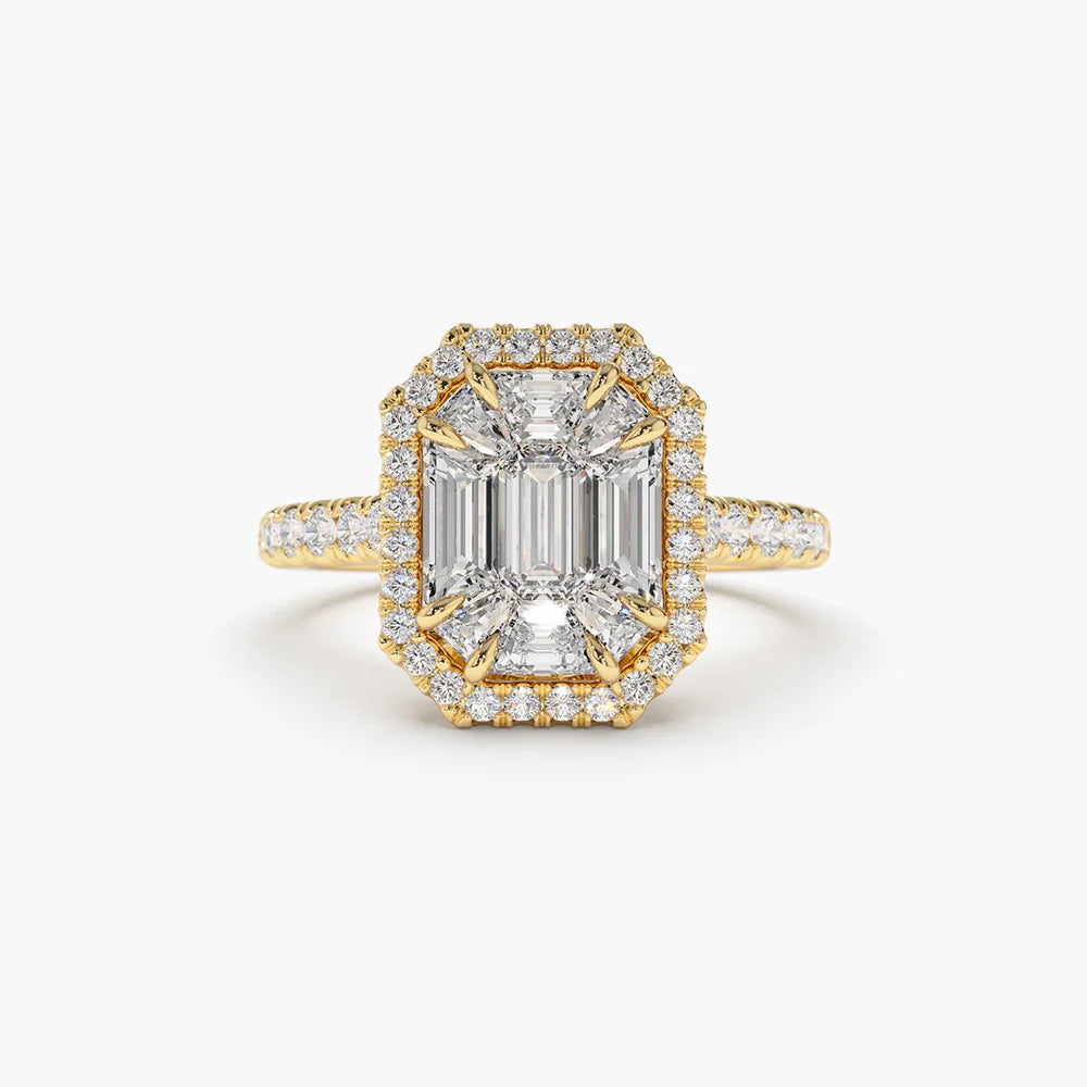 Solid Gold Emerald Cut Illusion Halo Setting Engagement Ring