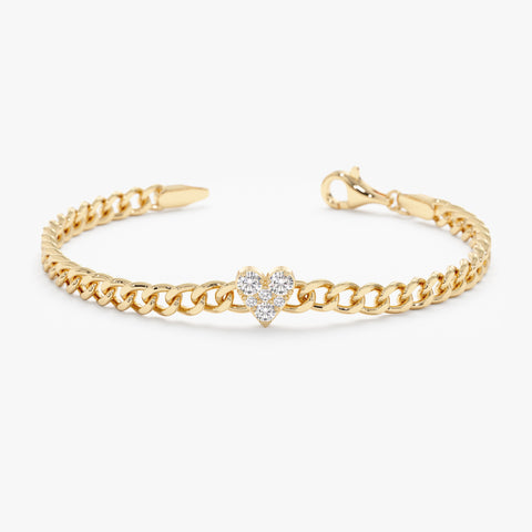 Solid Gold Diamond Heart Cuban Chain Bracelet