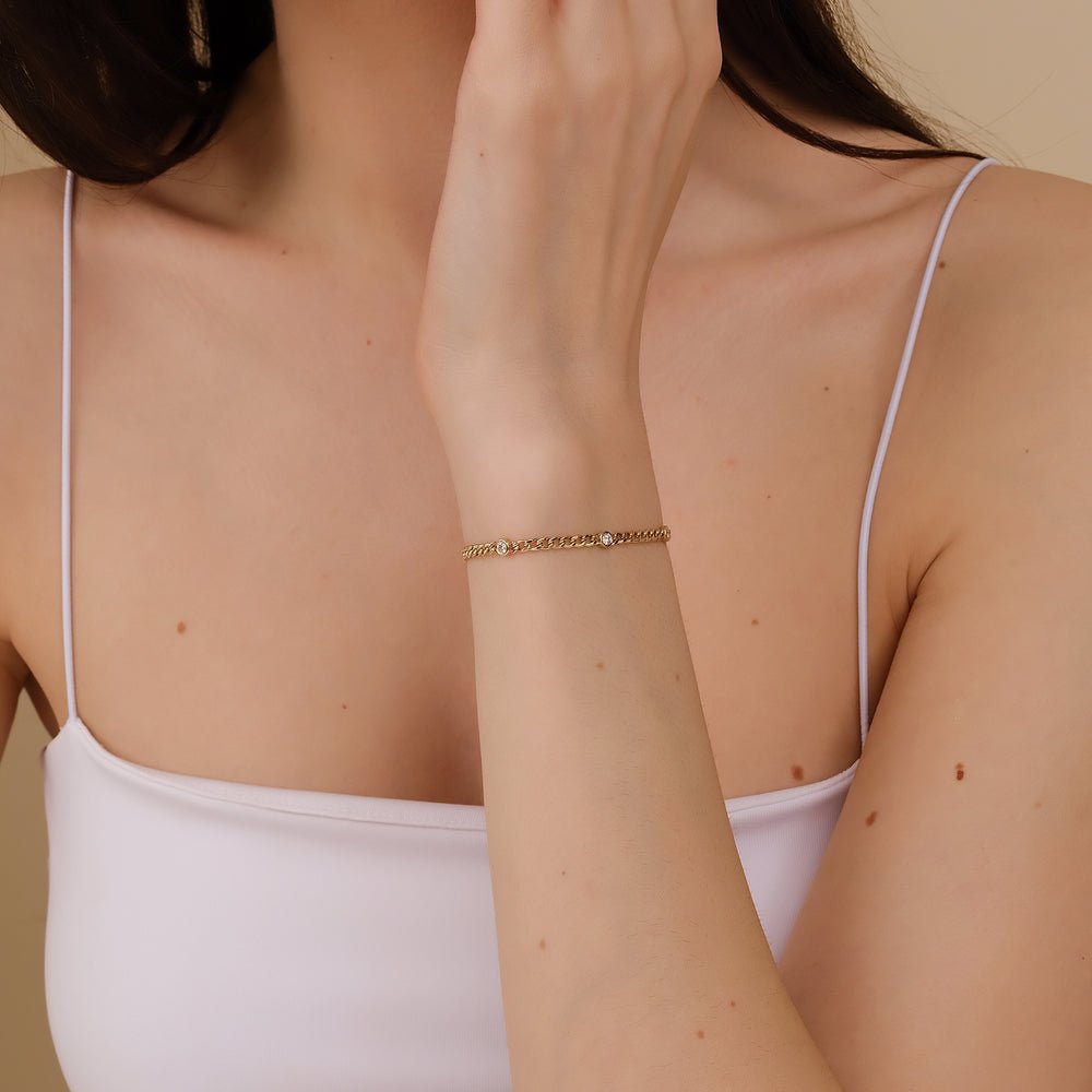 Solid Gold Diamond Cuban Chain Station Bracelet