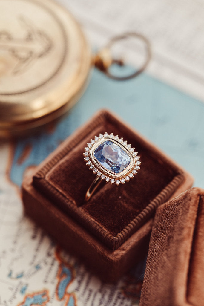Solid Gold Halo Ring The Nile 3.46 ct Cushion Blue Sapphire with .17 ct
