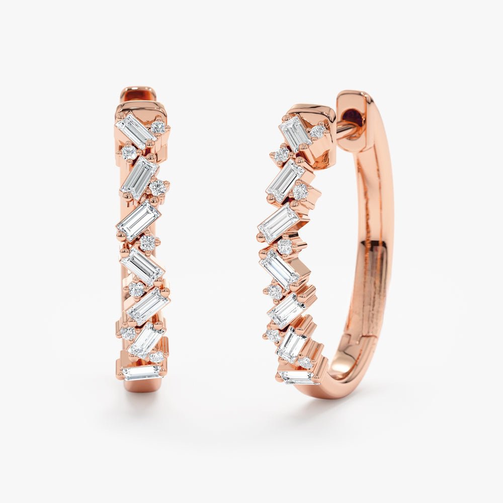 Solid Gold Stacked Baguette Diamond Hoops