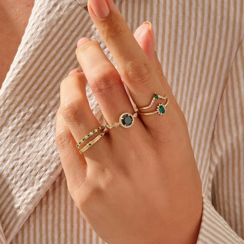 Solid Gold Art Deco Emerald Wedding Ring