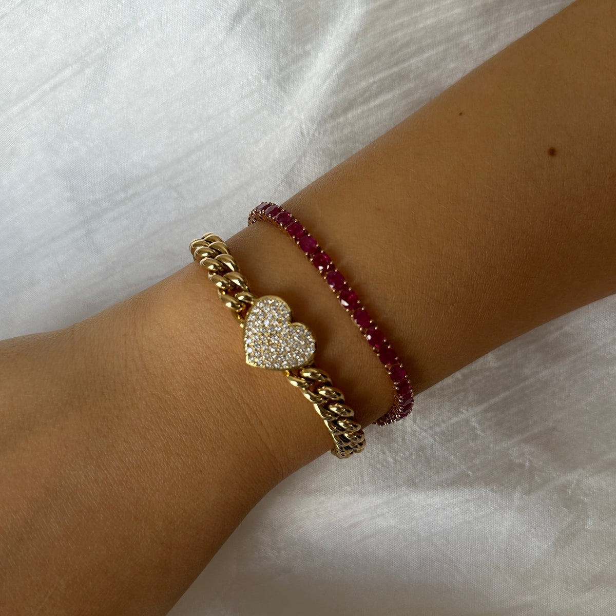 Solid Gold Diamond Pave Heart Cuban Link Chain Bracelet