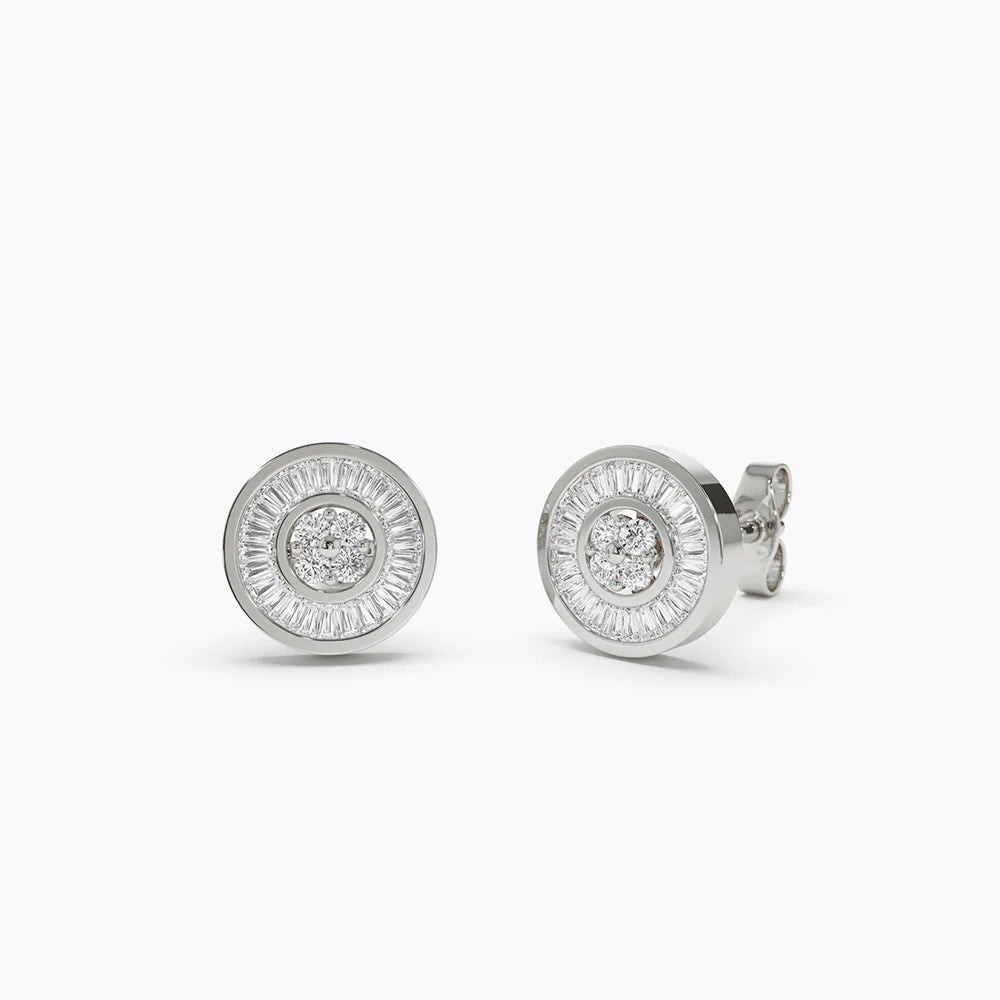 Solid Gold Diamond Studs Baguette Diamond Channel Setting Disc Lab-Grown