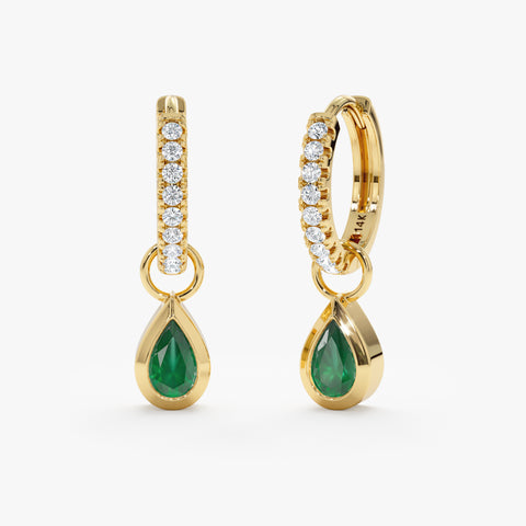 Solid Gold Pear-Cut Emerald Charm Huggies