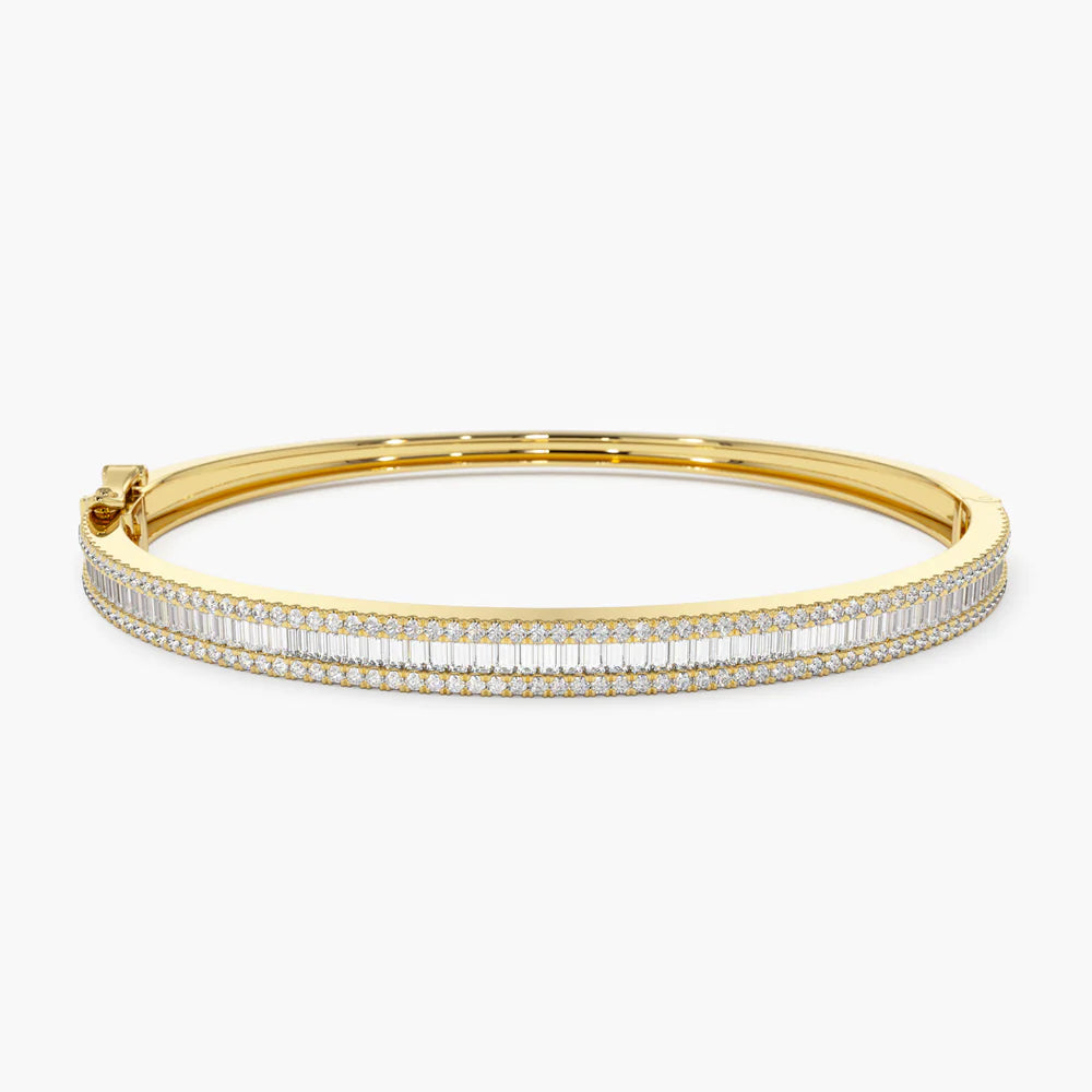 Solid Gold Half Eternity Baguette and Round Diamond Bangle