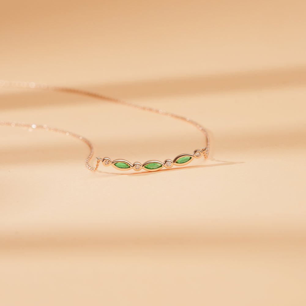 Solid Gold Curved Emerald & Diamonds Bar Necklace (C42D73)