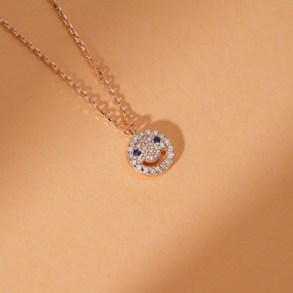 Solid Gold Diamond & Sapphire Happy Face Necklace