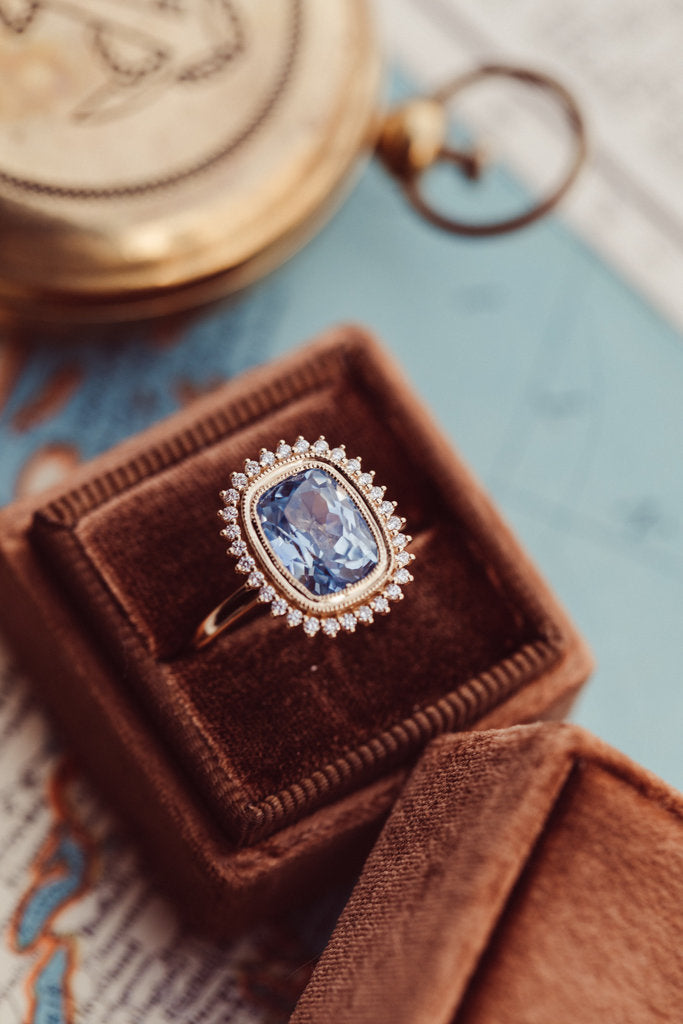 Solid Gold Halo Ring The Nile 3.46 ct Cushion Blue Sapphire with .17 ct