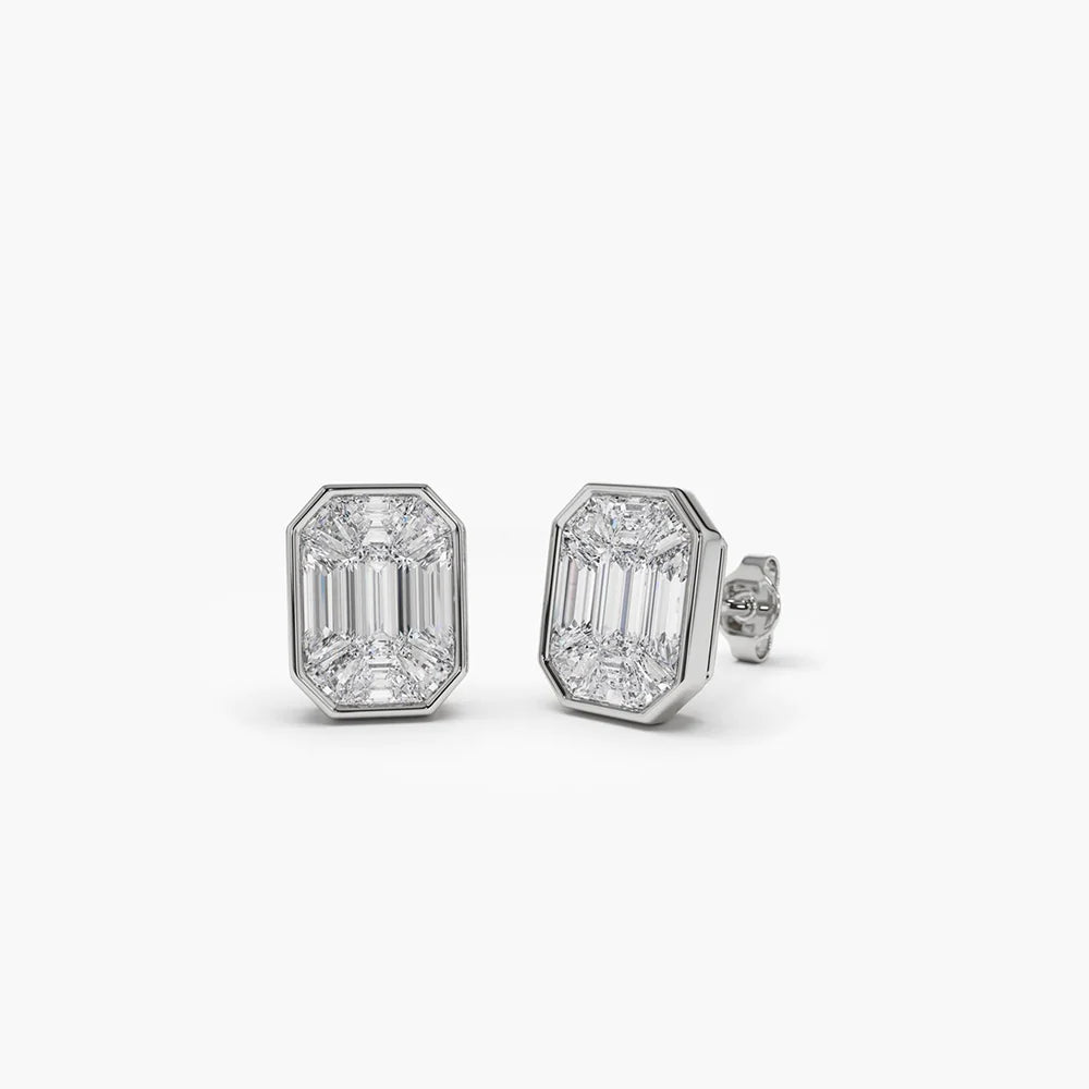 Solid Gold Illusion Setting Step Cut Moissanite Diamond Studs
