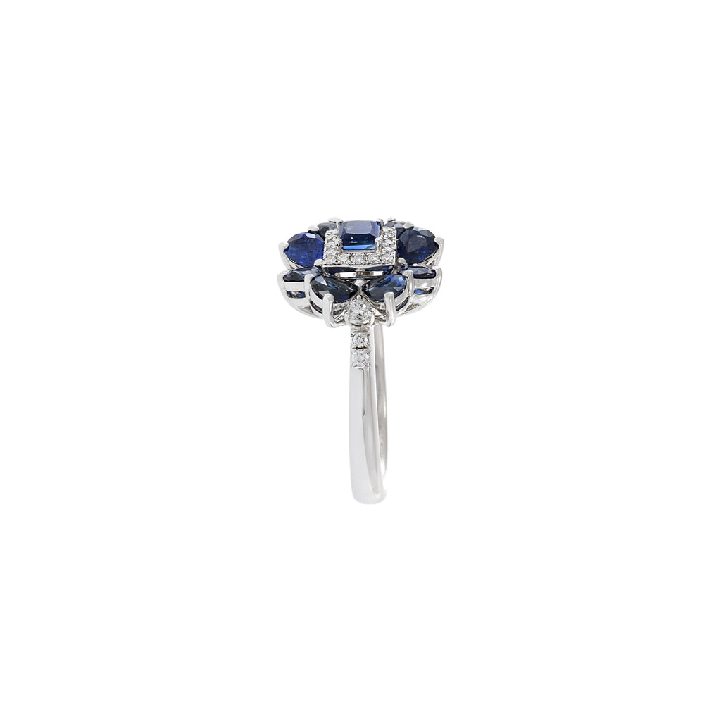Solid Gold Blue Sapphire And Flower Diamond Ring