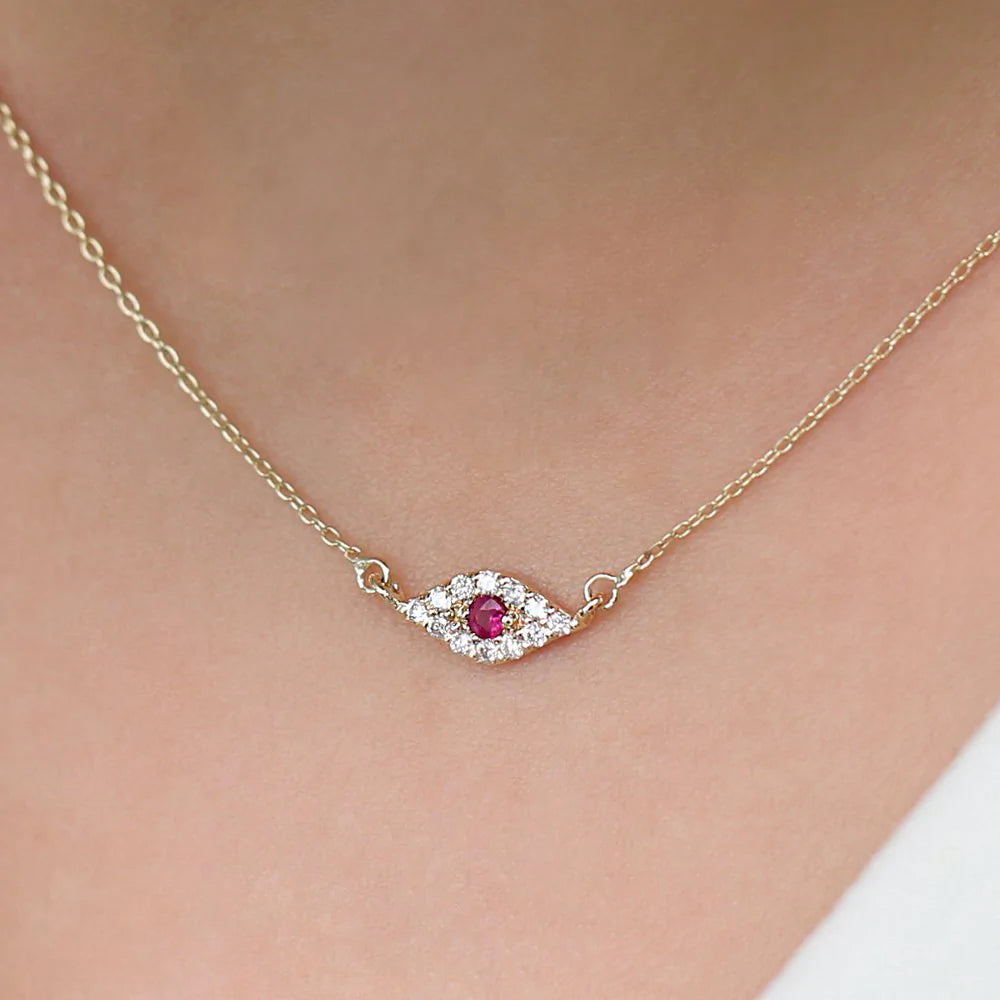 Solid Gold Diamond and Ruby Evil Eye Necklace