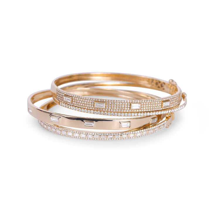 Solid Gold Diamond Cigar Band Bangle With Inset Baguette Diamonds