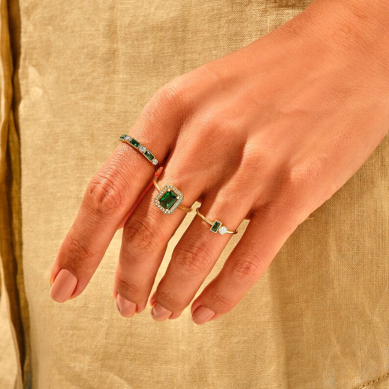 Solid Gold Baguette Emerald Wedding Ring