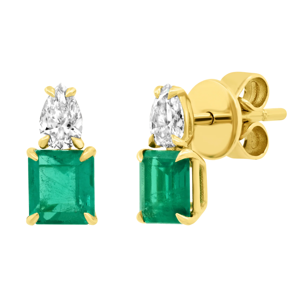 Solid Gold Pear Diamond Stud & Emerald Cut Emerald