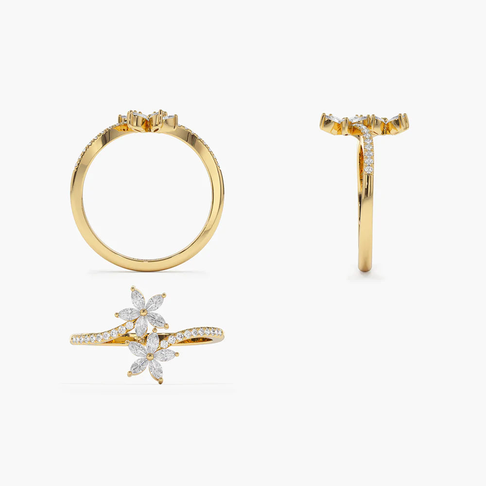 Solid Gold Marquise Diamond Flower Bypass Ring
