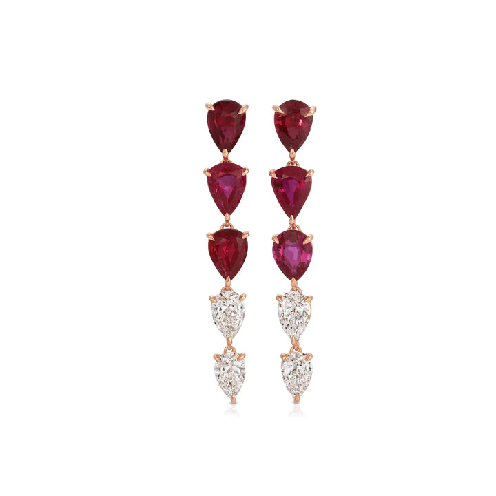 Solid Gold Short Ruby And Diamond Pear Shape Drop Earrings
