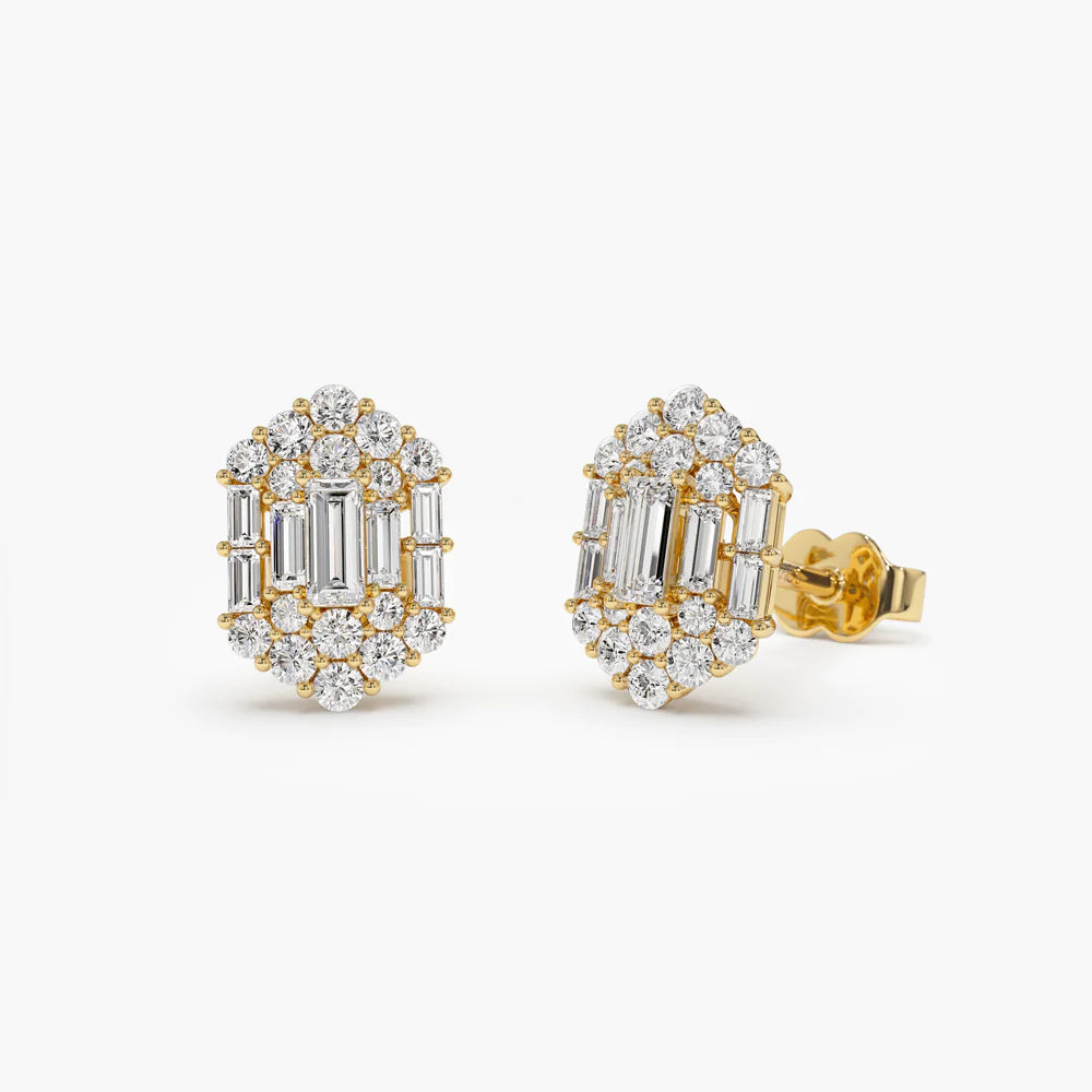 Solid Gold Baguette Diamond Earrings in Halo Setting