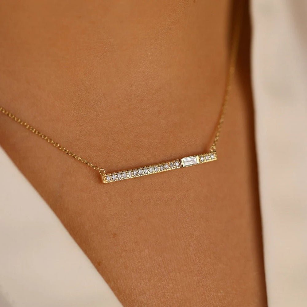18K Solid Gold Baguette Diamond Bar Necklace - Style A