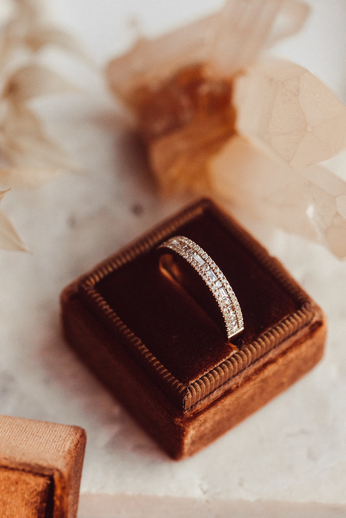 Solid Gold Diamond Band Alternating Horizontal Baguette and Round Pave