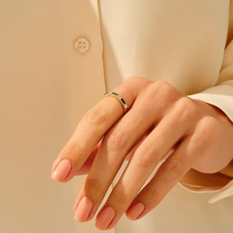 Solid Gold Baguette Emerald Wedding Ring