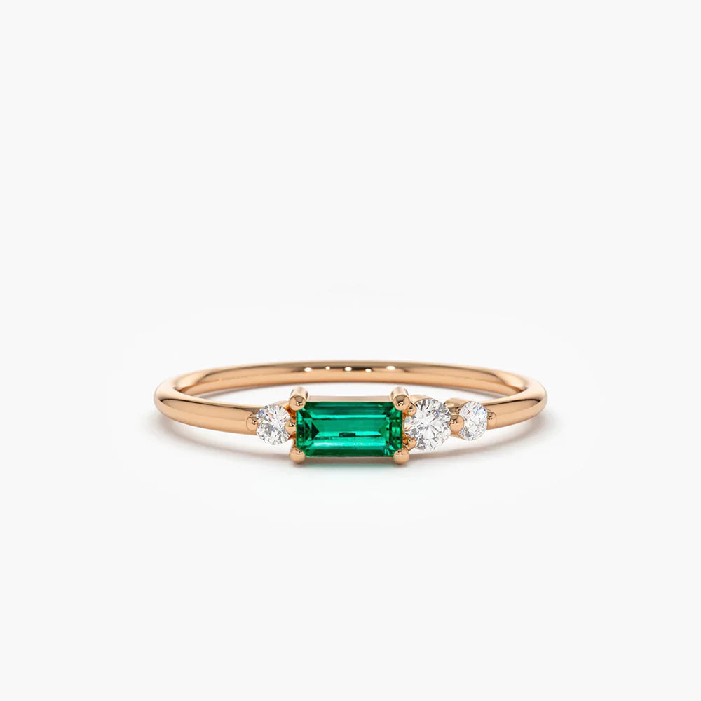 Solid Gold Baguette Emerald Diamond Ring
