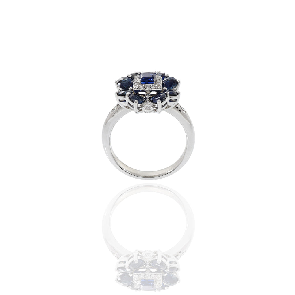 Solid Gold Blue Sapphire And Flower Diamond Ring