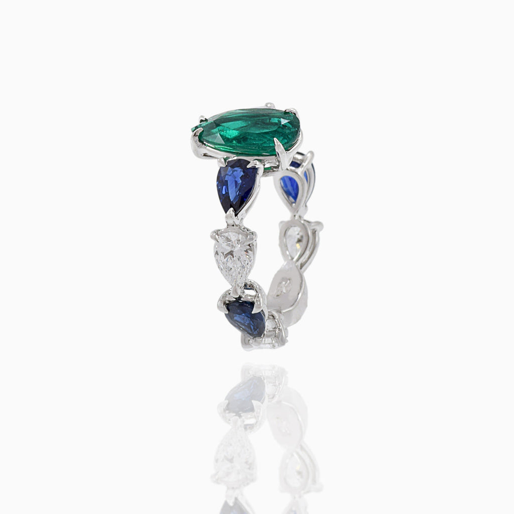Solid Gold Emerald and Sapphire Diamond Ring