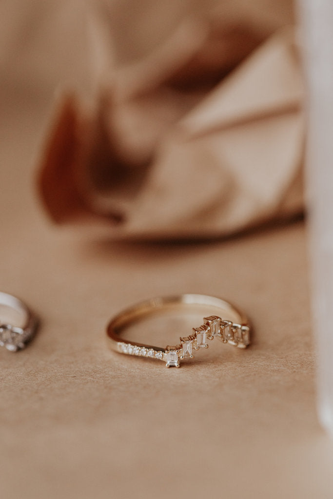Solid Gold Baguette Diamond V Tracer with Pave Diamond Band