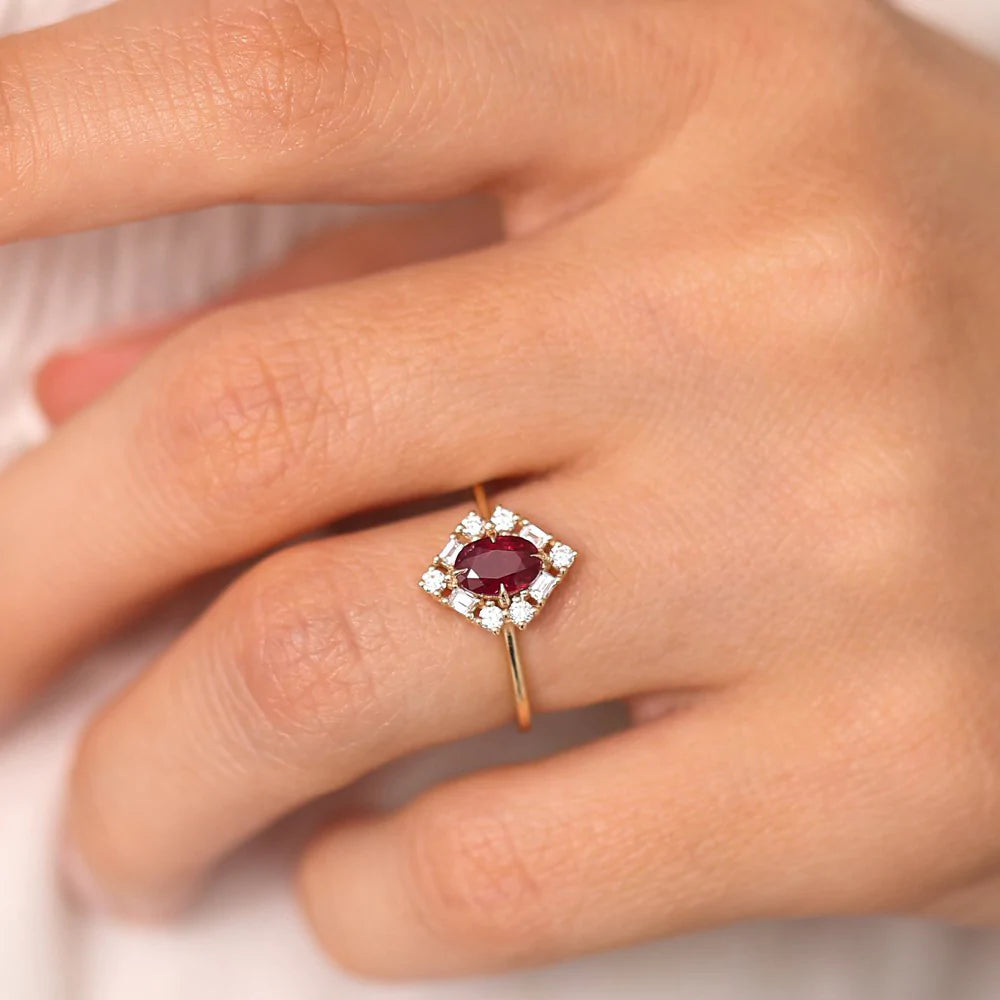 Solid Gold Unique Ruby and Baguette Diamond Ring
