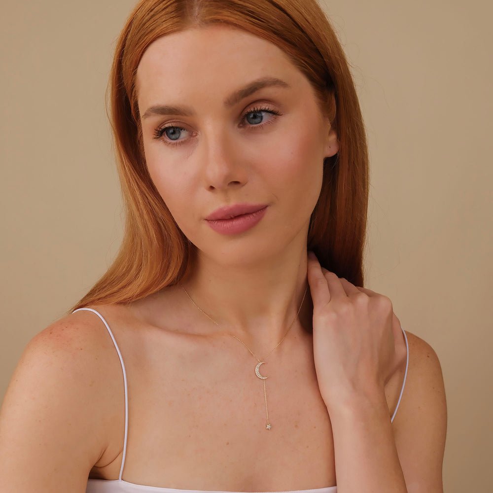Solid Gold Diamond Moon and Star Lariat Necklace (32FCEB)