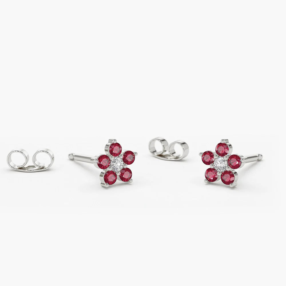Solid Gold Ruby and Diamond Flower Studs