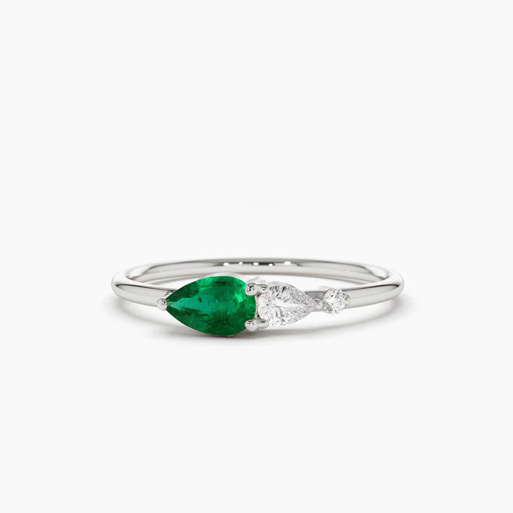 Solid Gold Pear Shape Emerald and Diamond ring