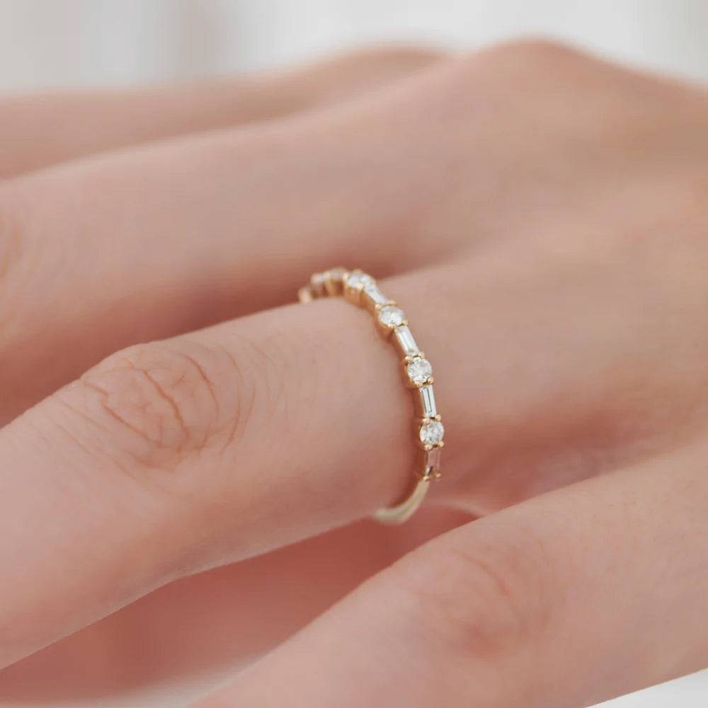 Solid Gold Baguette and Round Diamond Alternating Ring