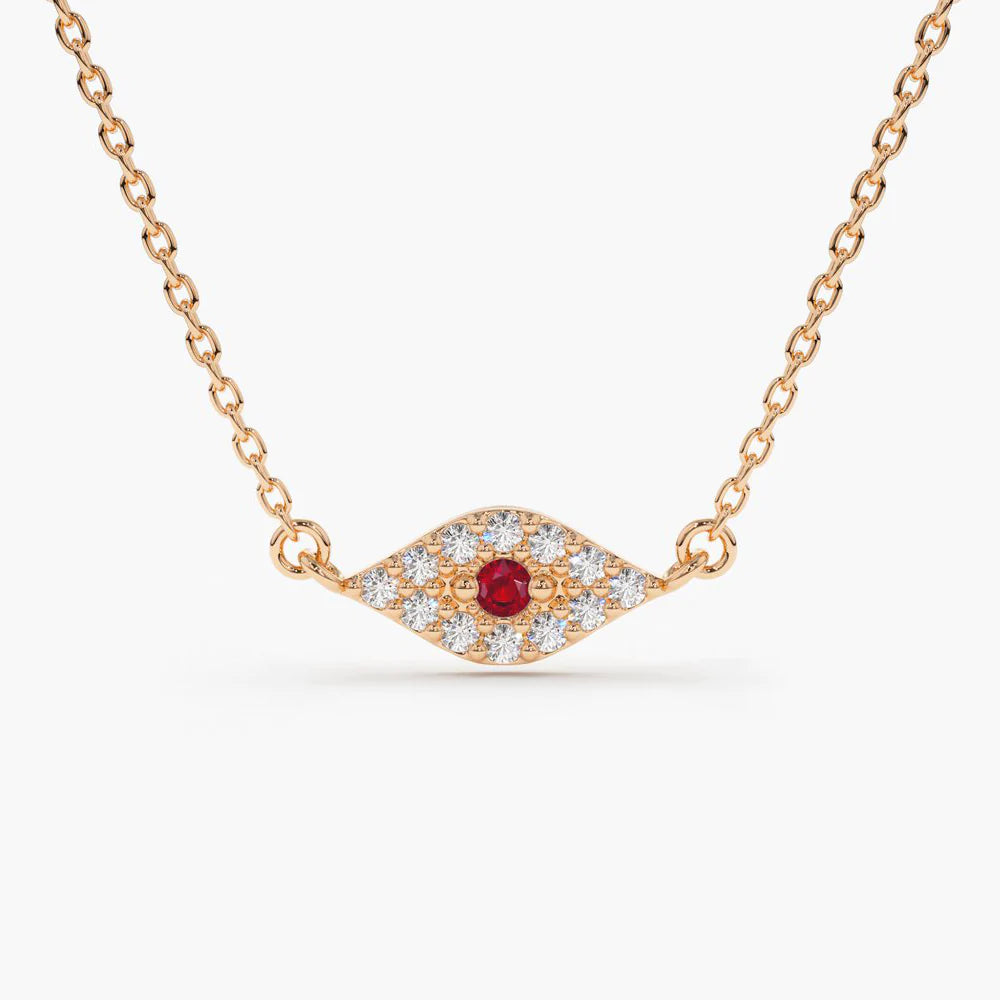 Solid Gold Diamond and Ruby Evil Eye Necklace