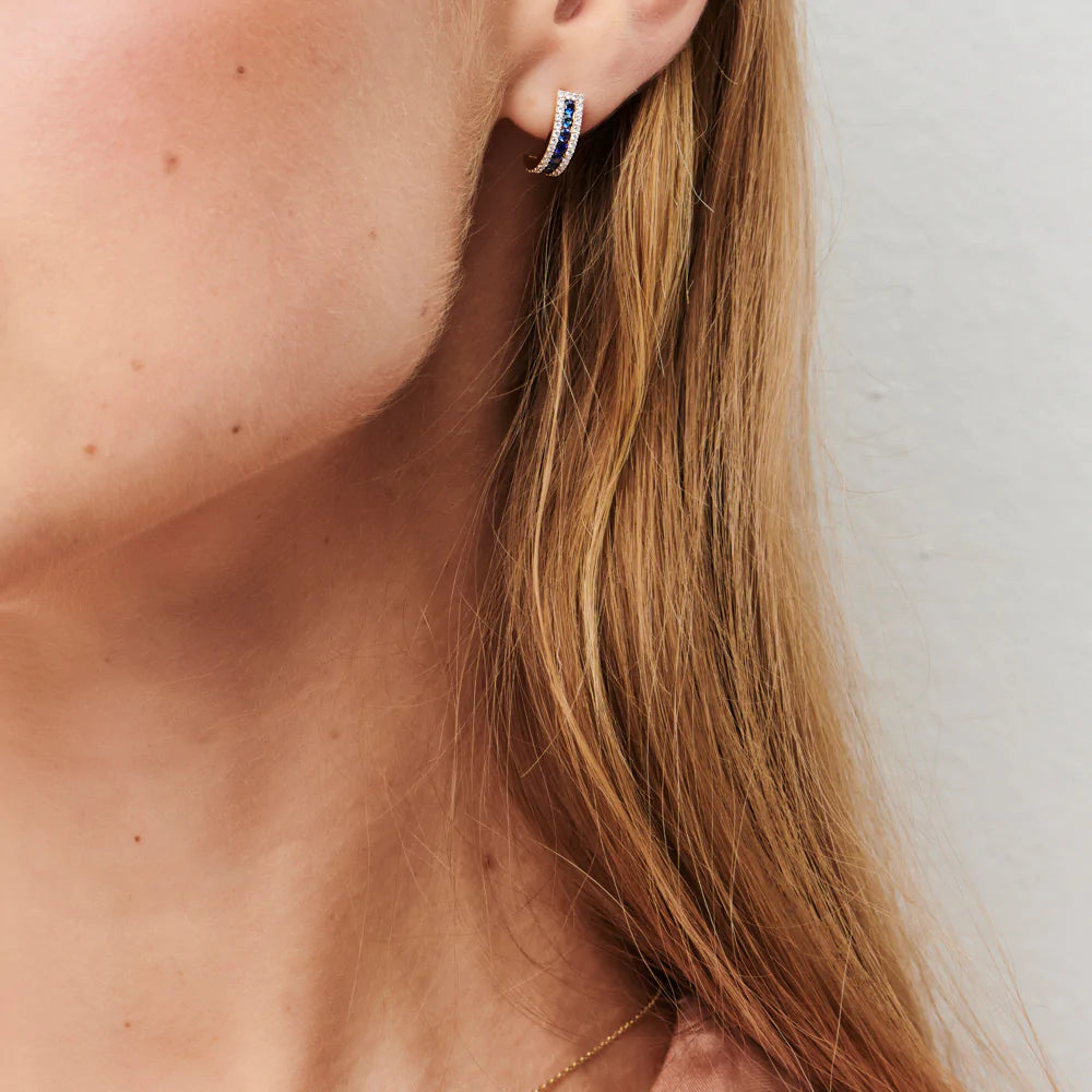 Solid Gold Sapphire and Round Diamond Hoop Earrings