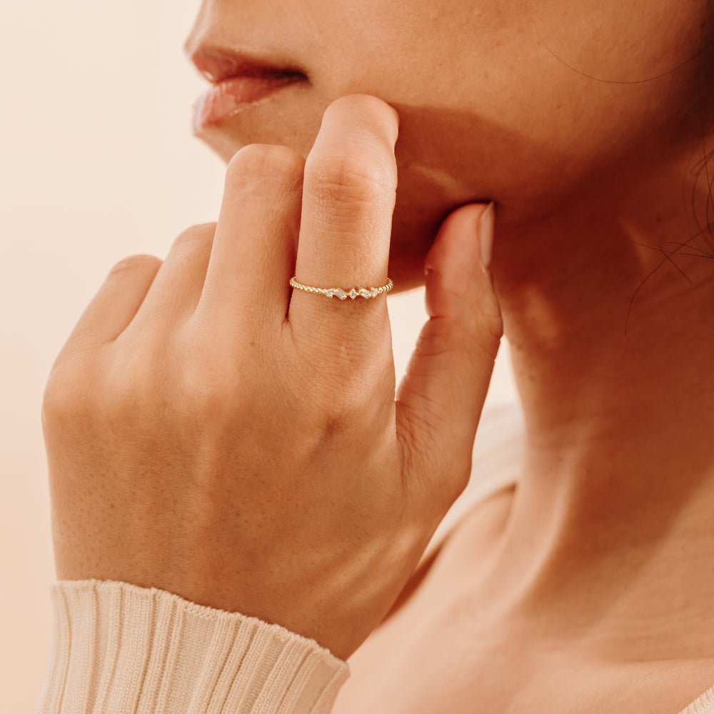 Solid Gold Sideways Diamond Beaded Ring