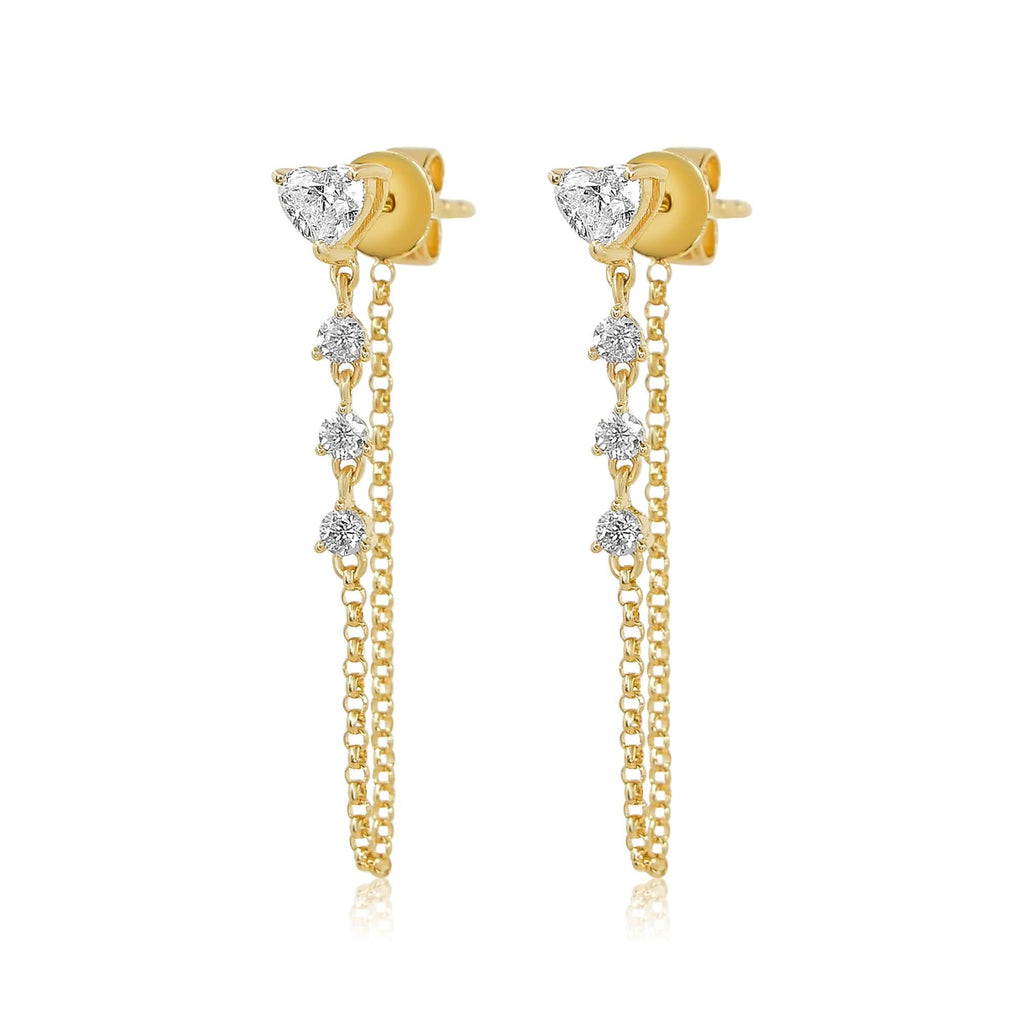 Solid Gold Diamond Heart Chain Loop Earring