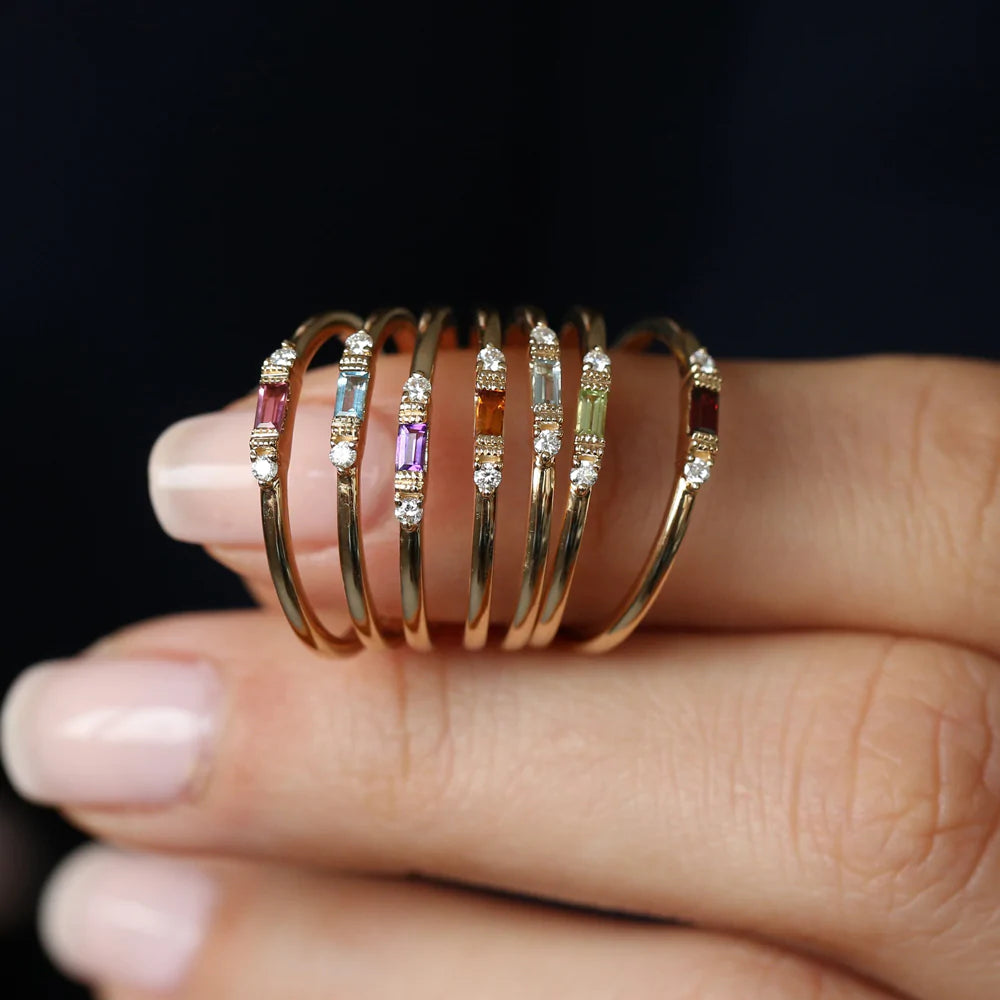 Solid Gold Baguette Amethyst With Diamond Ring