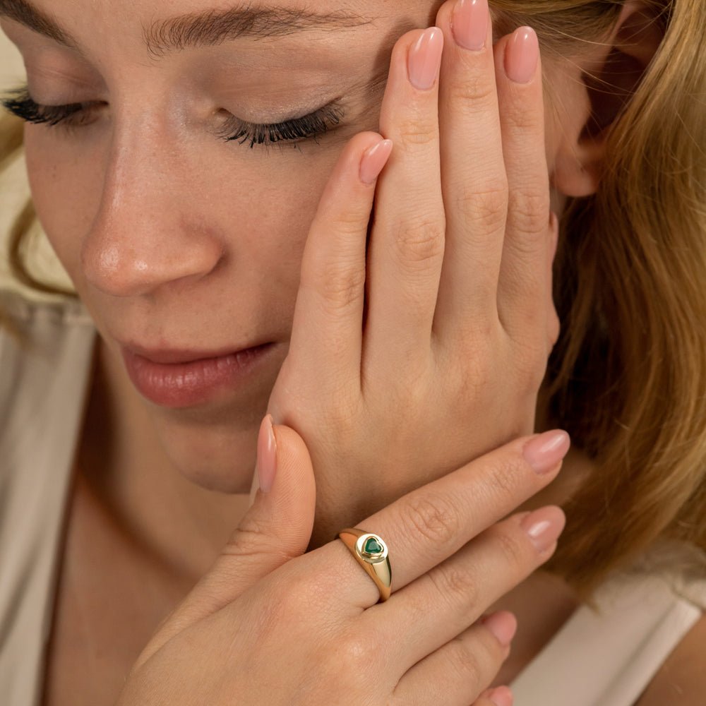 Solid Gold Emerald Heart Signet Ring