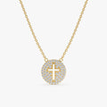 Solid Gold Cross Cutout Diamond Disc Necklace