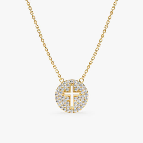 Solid Gold Cross Cutout Diamond Disc Necklace